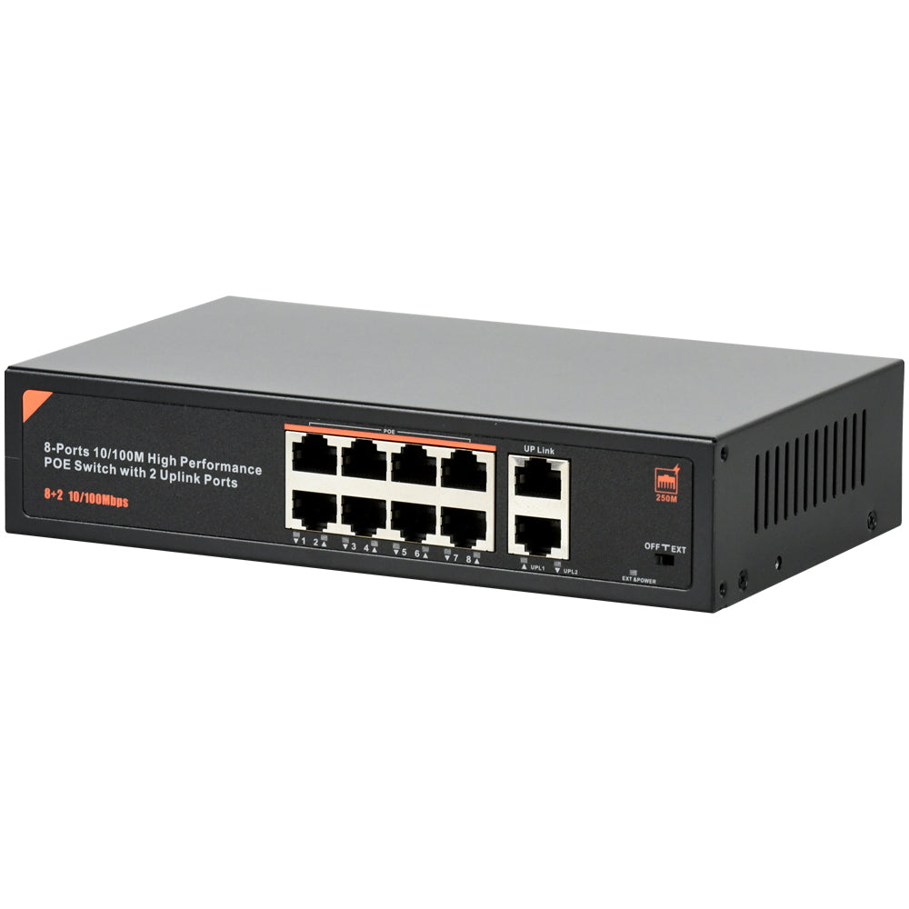 8 Port PoE Switch 2 Uplink Unmanaged 803.af/at for NVR & PoE IP Camera Plug & PLay