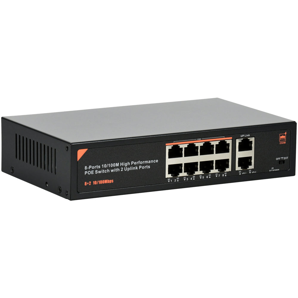 8 Port PoE Switch 2 Uplink Unmanaged 803.af/at for NVR & PoE IP Camera Plug & PLay