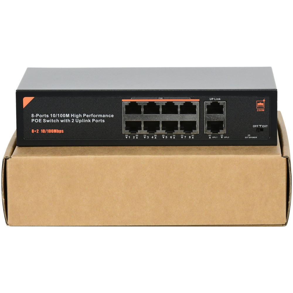 8 Port PoE Switch 2 Uplink Unmanaged 803.af/at for NVR & PoE IP Camera Plug & PLay