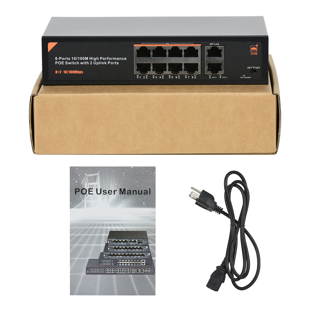 8 Port PoE Switch 2 Uplink Unmanaged 803.af/at for NVR & PoE IP Camera Plug & PLay