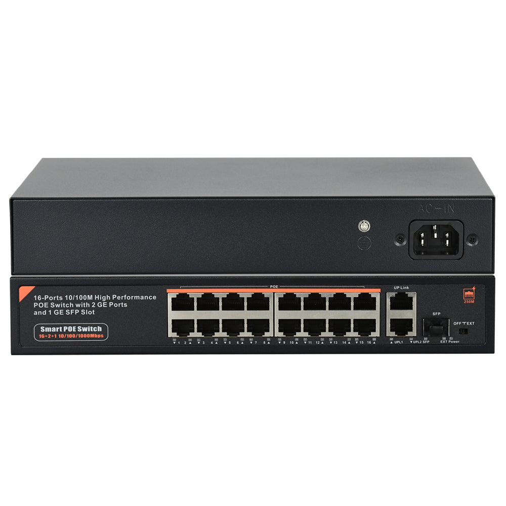 16 Port Gigabit PoE Switch 16 PoE+ Ports @300W, w/ 2 Uplink Gigabit Ports + 2 Combo SFP Slots Plug & Play Sturdy Metal Rack-mountable