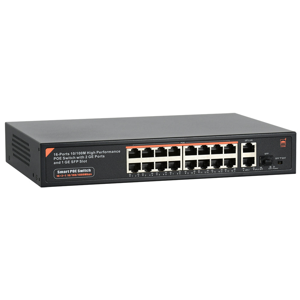 16 Port Gigabit PoE Switch 16 PoE+ Ports @300W, w/ 2 Uplink Gigabit Ports + 2 Combo SFP Slots Plug & Play Sturdy Metal Rack-mountable