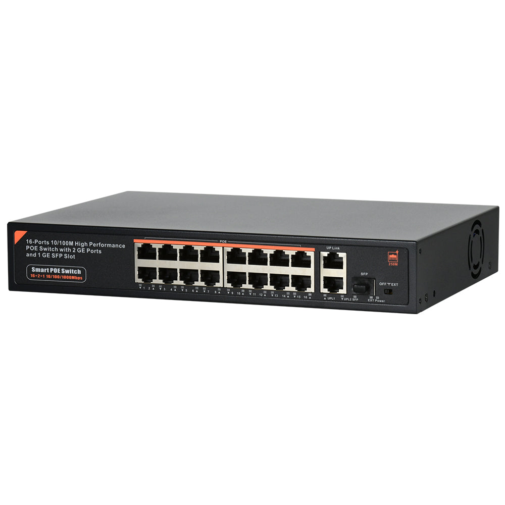 16 Port Gigabit PoE Switch 16 PoE+ Ports @300W, w/ 2 Uplink Gigabit Ports + 2 Combo SFP Slots Plug & Play Sturdy Metal Rack-mountable