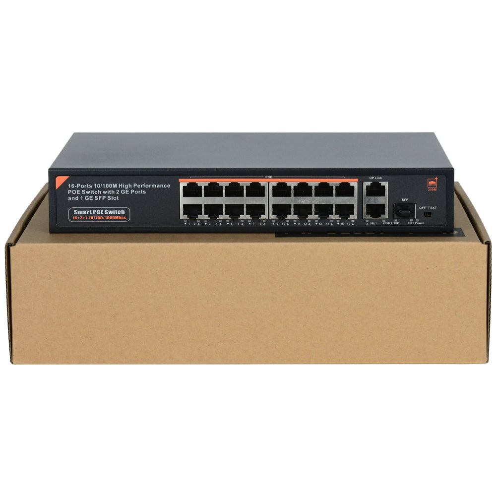 16 Port Gigabit PoE Switch 16 PoE+ Ports @300W, w/ 2 Uplink Gigabit Ports + 2 Combo SFP Slots Plug & Play Sturdy Metal Rack-mountable