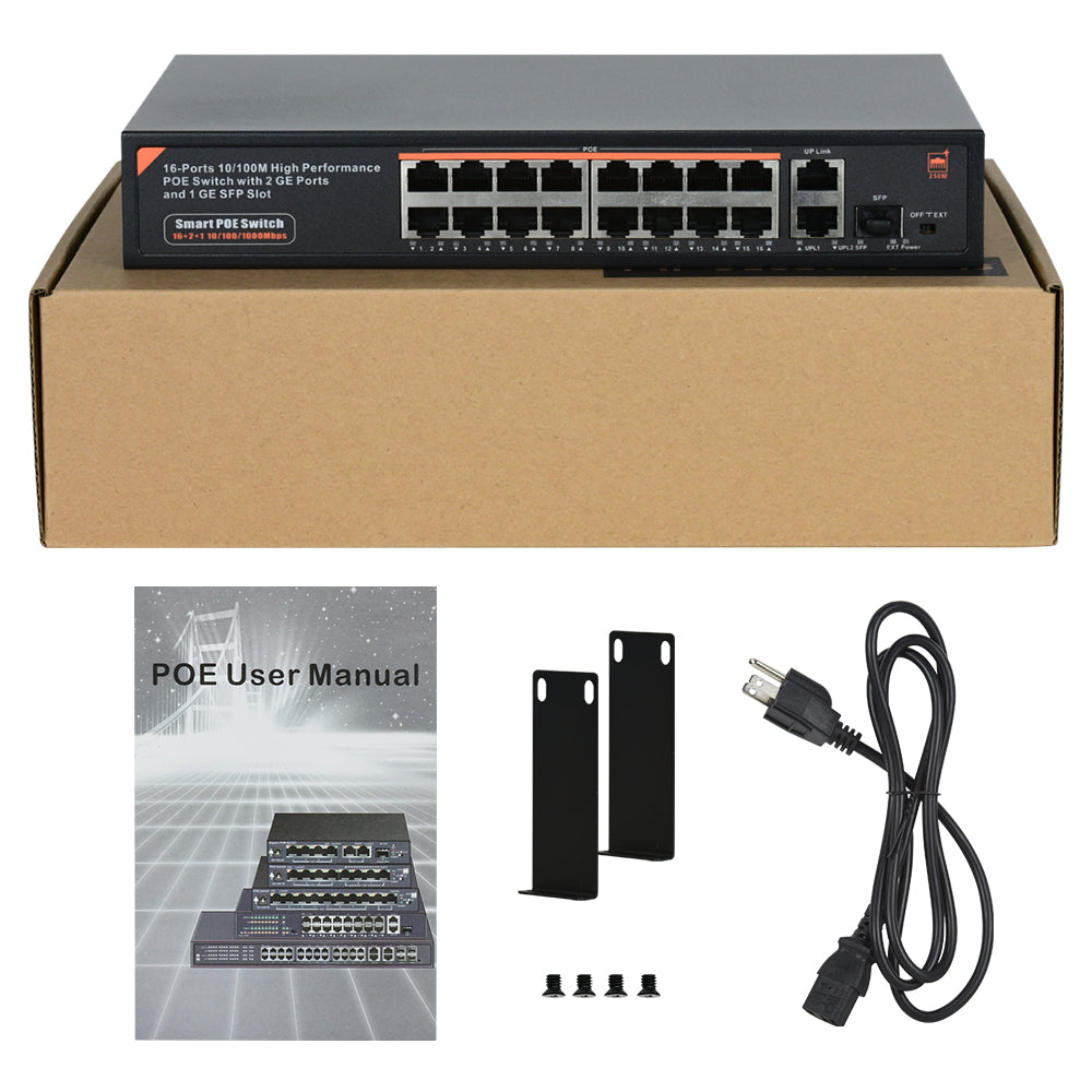 16 Port Gigabit PoE Switch 16 PoE+ Ports @300W, w/ 2 Uplink Gigabit Ports + 2 Combo SFP Slots Plug & Play Sturdy Metal Rack-mountable