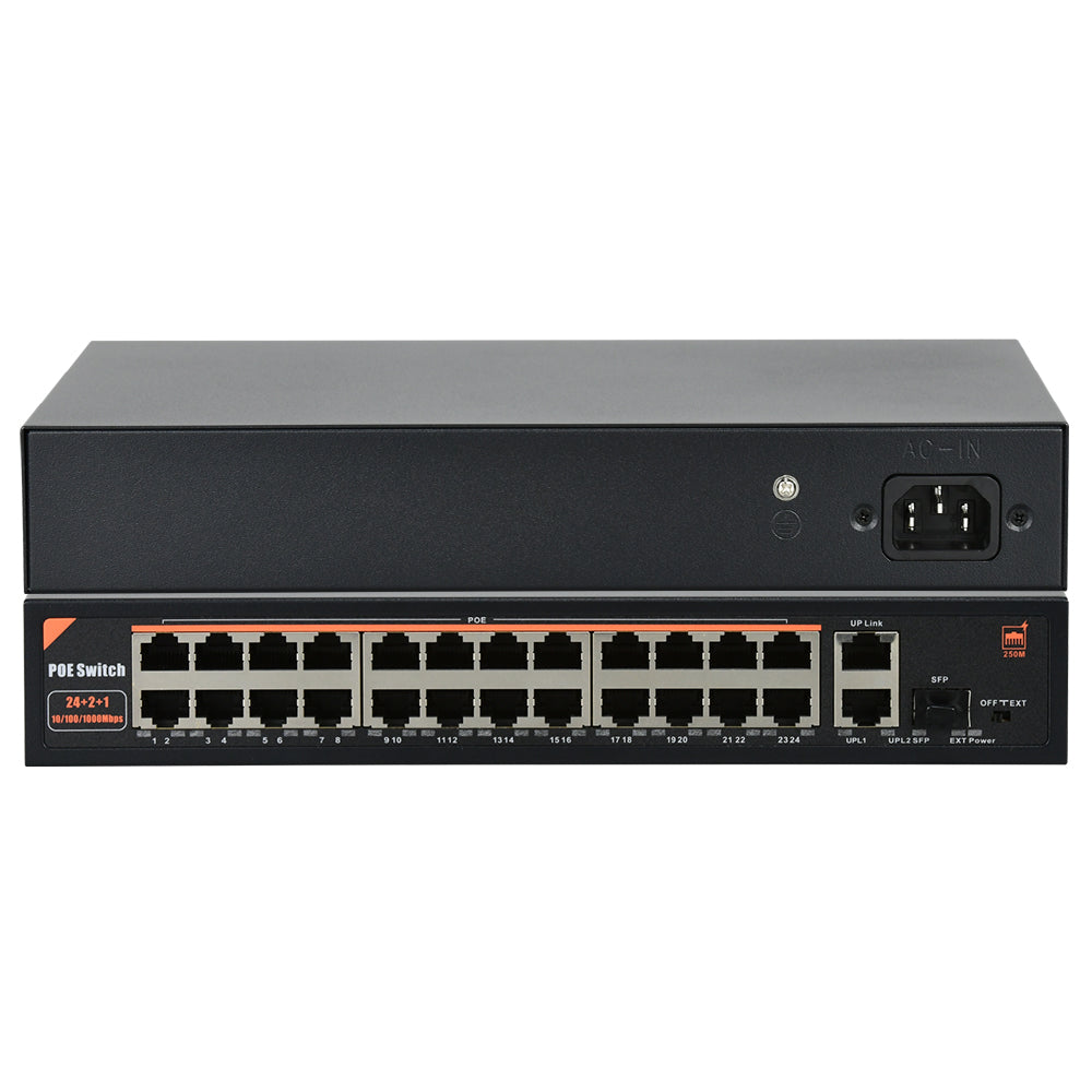 24 Port PoE Switch with 2 Gigabit Ethernet Uplink Port, Unmanaged 24 Port 802.3af/at 320W Rackmount Plug and Play