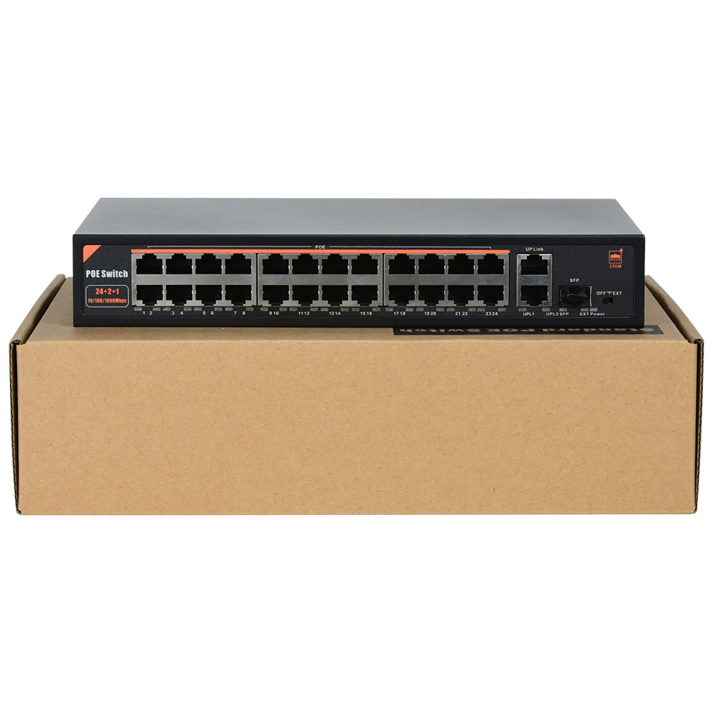 24 Port PoE Switch with 2 Gigabit Ethernet Uplink Port, Unmanaged 24 Port 802.3af/at 320W Rackmount Plug and Play
