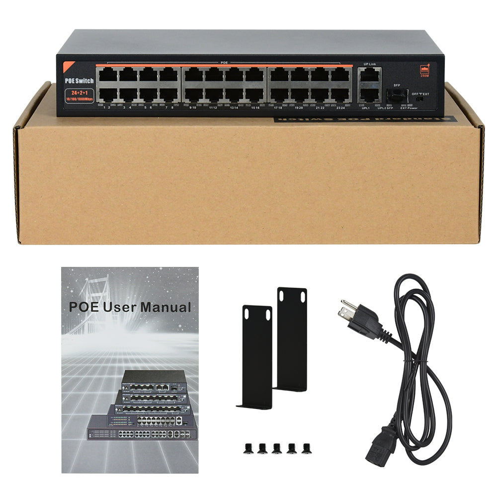24 Port PoE Switch with 2 Gigabit Ethernet Uplink Port, Unmanaged 24 Port 802.3af/at 320W Rackmount Plug and Play