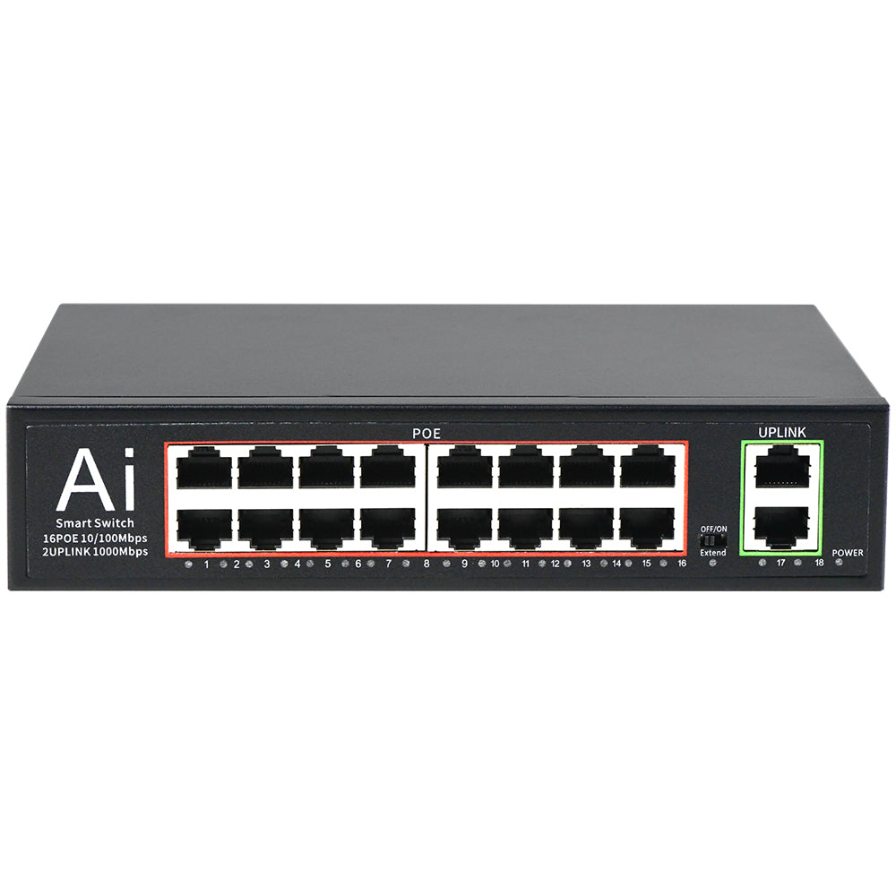 16 Port PoE+Switch w/2 Gigabit Uplink Ethernet Ports Unmanaged 200W 803.af/at for None POE Ports NVR