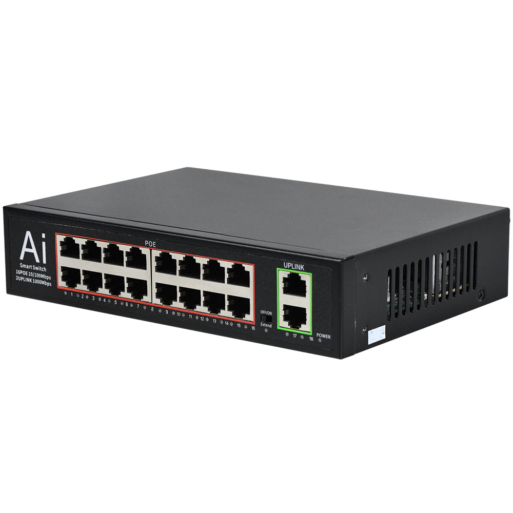 16 Port PoE+Switch w/2 Gigabit Uplink Ethernet Ports Unmanaged 200W 803.af/at for None POE Ports NVR