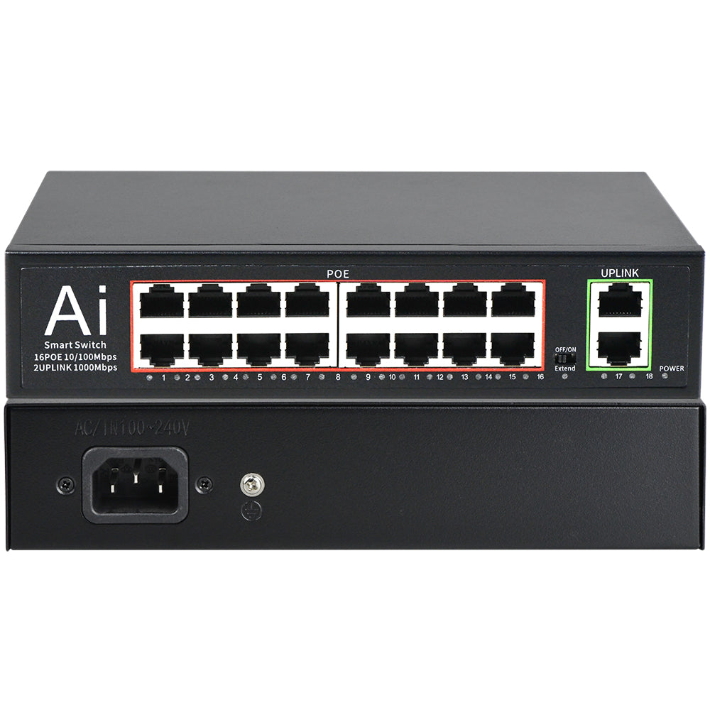 16 Port PoE+Switch w/2 Gigabit Uplink Ethernet Ports Unmanaged 200W 803.af/at for None POE Ports NVR