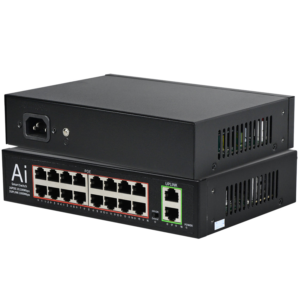 16 Port PoE+Switch w/2 Gigabit Uplink Ethernet Ports Unmanaged 200W 803.af/at for None POE Ports NVR