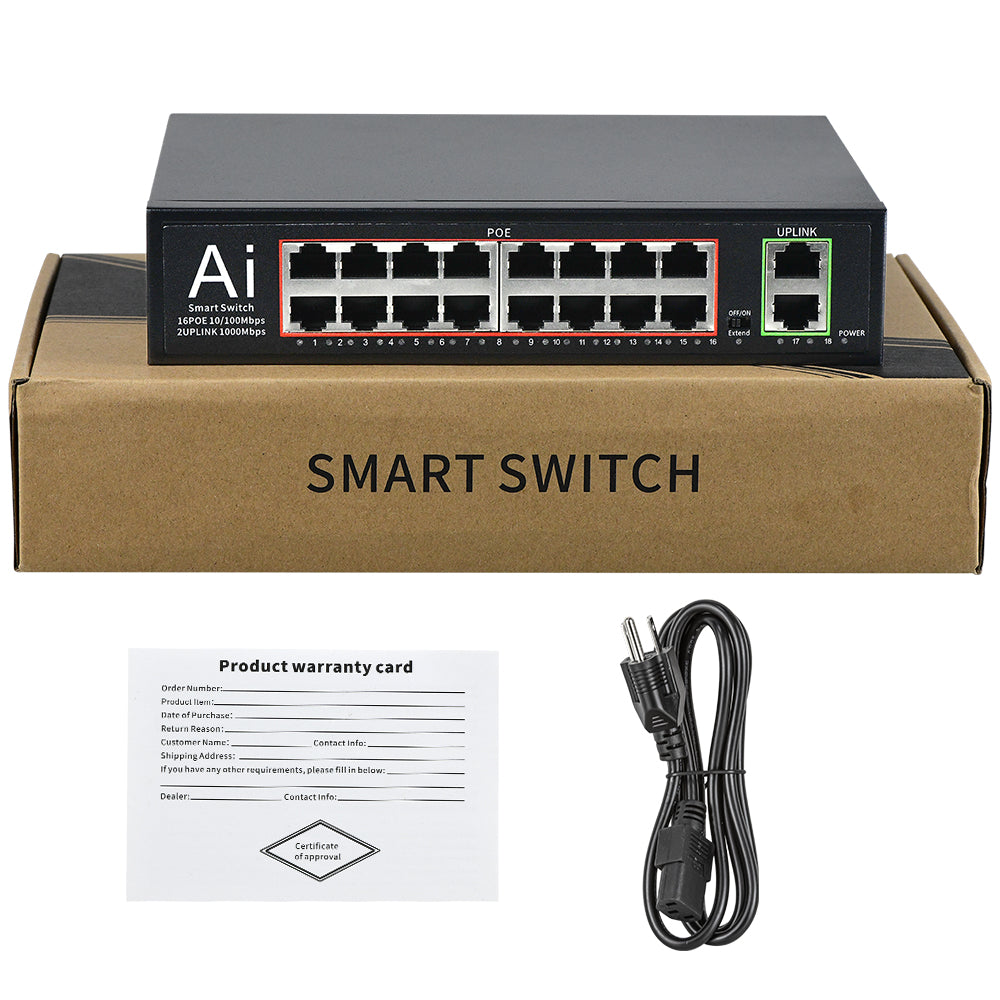 16 Port PoE+Switch w/2 Gigabit Uplink Ethernet Ports Unmanaged 200W 803.af/at for None POE Ports NVR